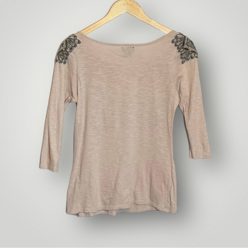 Deletta Anthropologie | Corinthian Beaded Sequin Top Pleated Neck 3/4 Sleeve - Picture 4 of 9